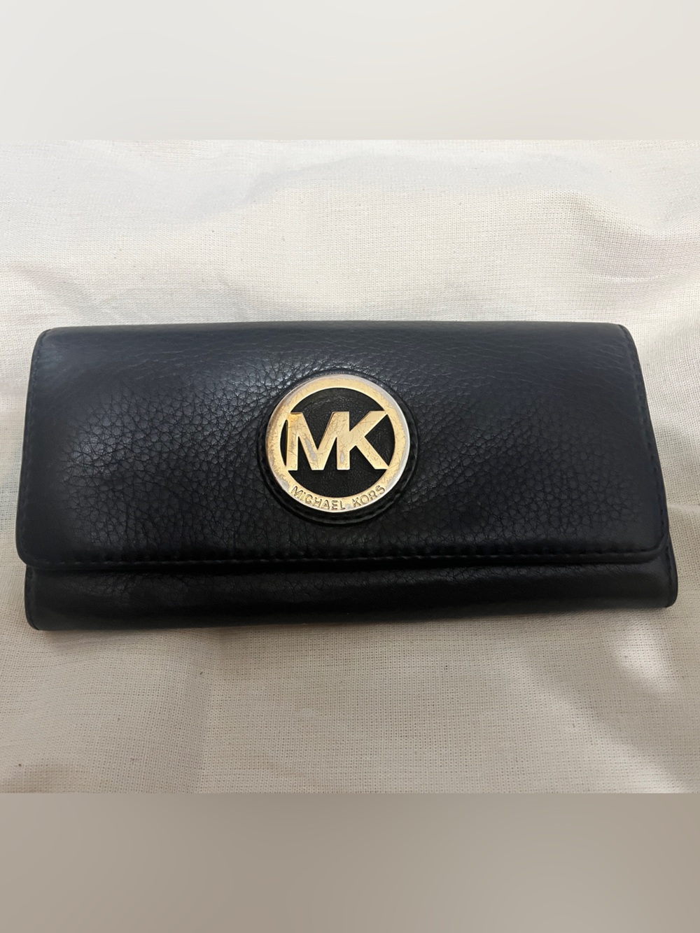 Michael Kors Black Leather Continental Wallet with Gold MK Emblem